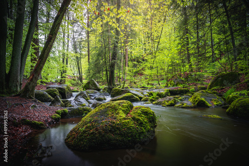 Photo Green Waterfall River Rocks Covered With Green Moss Forest Waterfall