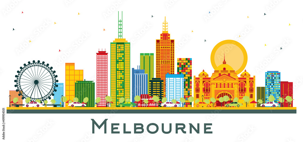 Obraz premium Melbourne Australia City Skyline with Color Buildings Isolated on White.