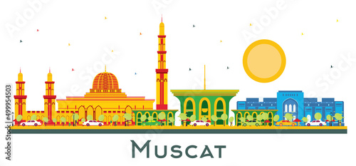 Muscat Oman City Skyline with Color Buildings Isolated on White.