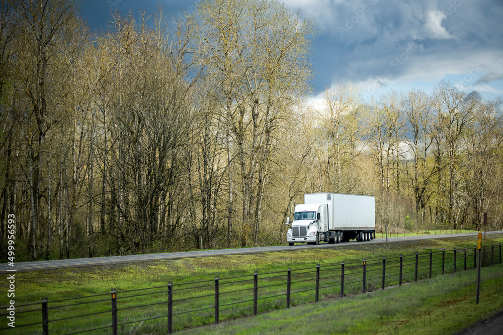 Obraz premium Long haul industrial big rig semi truck with dry van semi trailer transporting goods running on the divided highway road with bare trees on the side