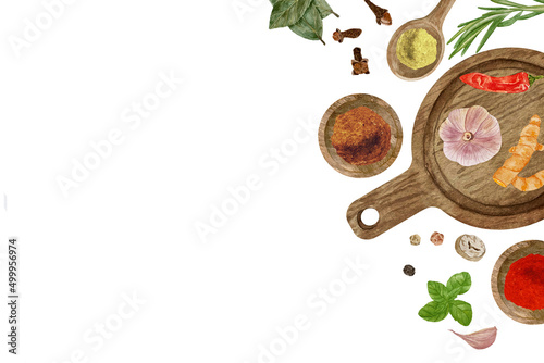 Watercolor natural aroma spices backgrouns. Garlic, cloves, nutmeg, basil and dry spices in bowls and spoons.