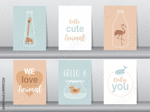 Set of cute animals poster,template,cards,elephant,bird,giraffe,zoo,Vector illustrations.