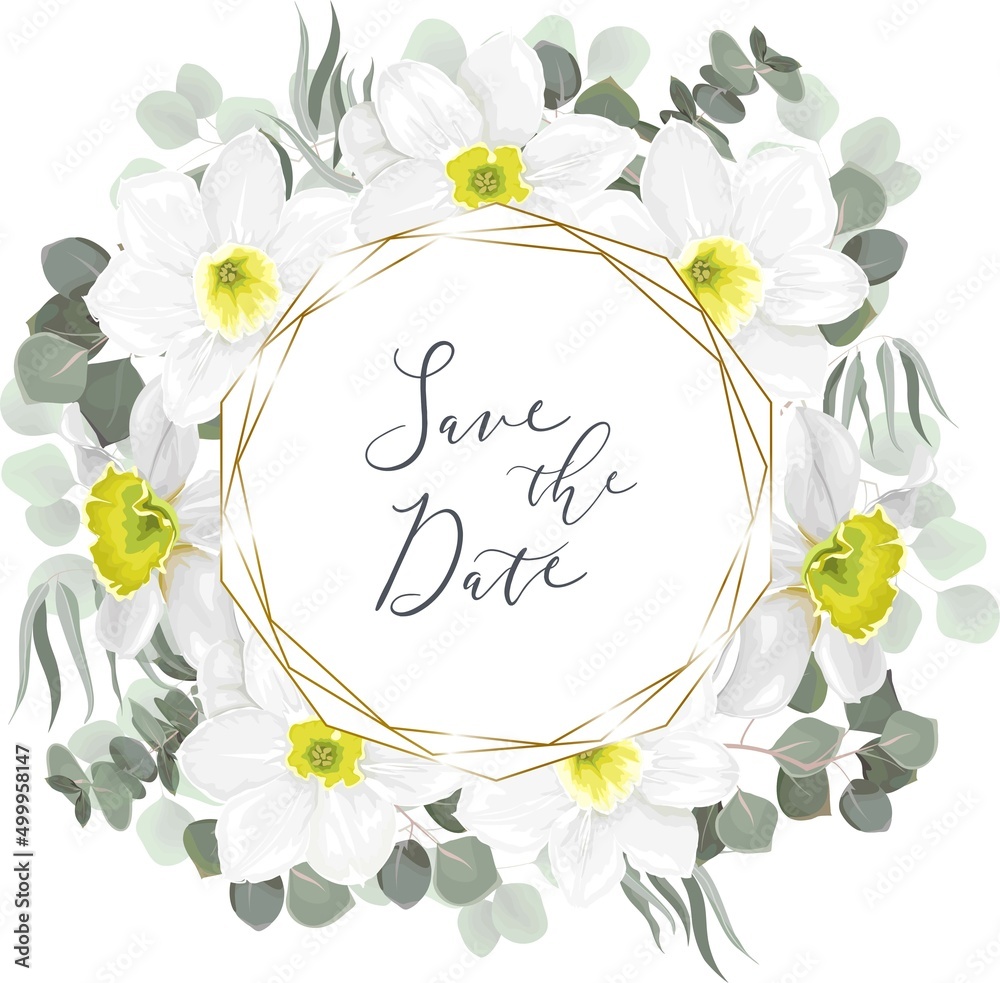 Round polygonal gold frame. White daffodils, eucalyptus, green plants and leaves. Vector template for a greeting card
