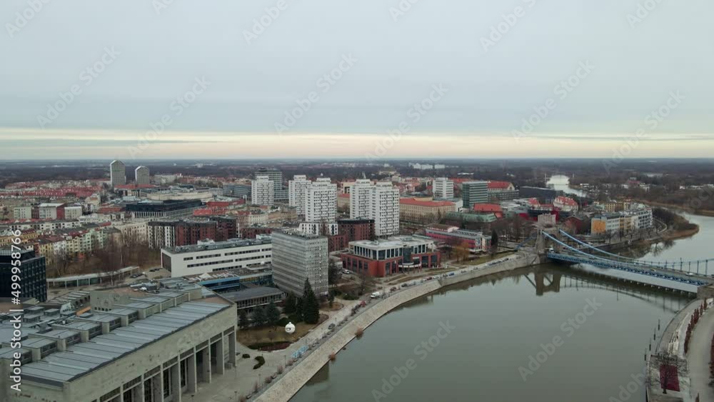 Aerial panorama of Wroclaw city with car bridge over Odra river in Poland, Urban cityscape with historical european architecture Aerial panorama of Wroclaw city with car bridge over Odra river in Poland, Urban cityscape with historical european architecture