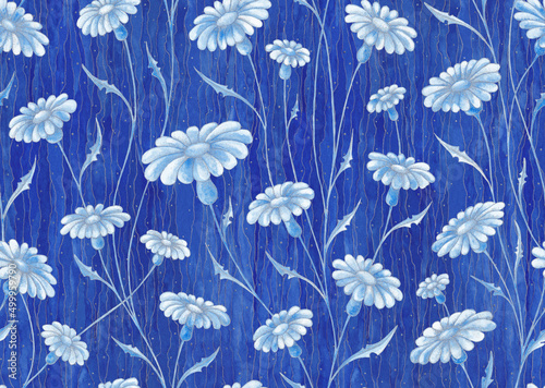 Vintage blue floral seamless pattern. Watercolor painting blue daisy flowers with silver contours on striped textured background. Template for design, textile, wallpaper, bedding, ceramics.
