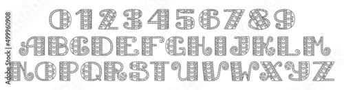 ABC and numbers doodle set. Hand drawn line sketch alphabet. Children's letters for coloring book. Editable outline