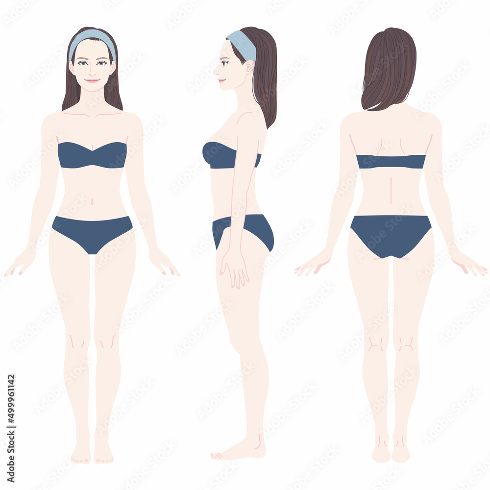 Full-body illustration of a woman] This woman's body has a voluminous chest  and hips and