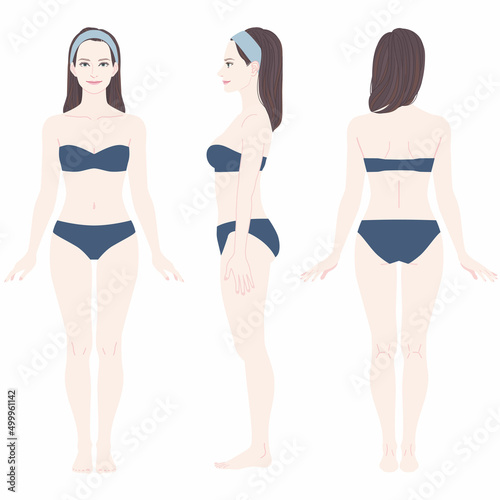 [Full-body illustration of a woman] This woman's body has a voluminous chest and hips and a constricted waist. It has an hourglass-like body shape. She is wearing underwear. Front, Side, Rear view.