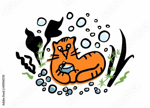 Red cat hugs an aquarium with fish. A cat looking at a fish in an aquarium in surprise. Background from the elements of filling the aquarium. Cartoon illustration in flat and outline style