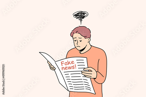 Confused man reading newspaper feeling unsure about news. Skeptical doubtful guy unhappy about disinformation and propaganda in printed media. Vector illustration. 