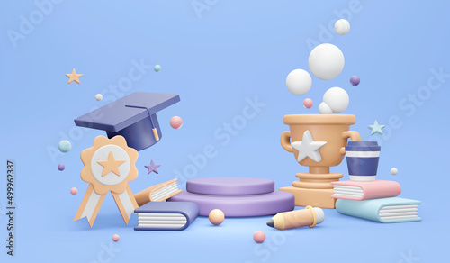 3d rendering of education elements with copy space for commercial concept of back to school background banner. 3d render illustration cartoon style.