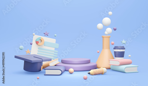 3d rendering of education elements with copy space for commercial concept of back to school background banner. 3d render illustration cartoon style.