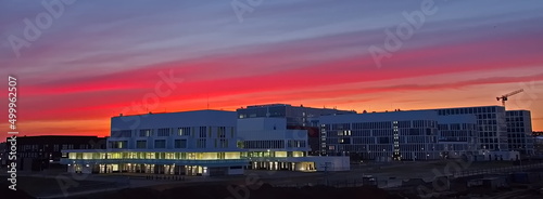 Sunset over the new city hospital.