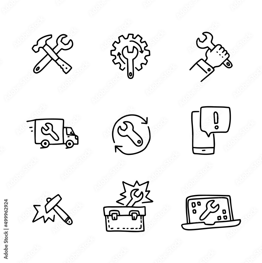 service icon in doodle style. hand drawn repair elements. fix collection. online support service icon in doodle style. hand drawn repair elements. fix collection. online support