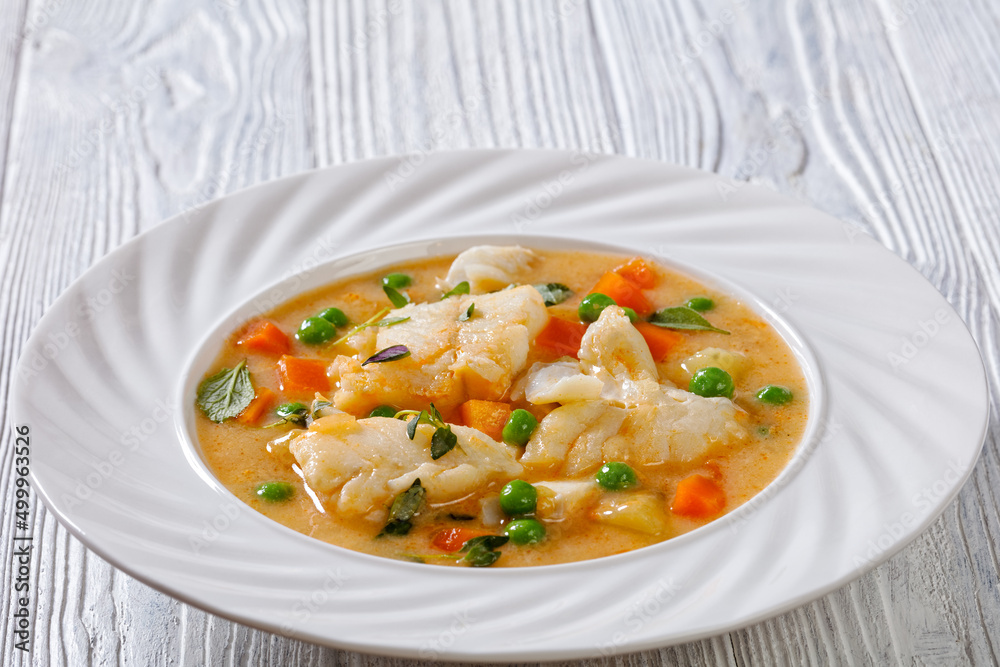 white fish chowder with green peas, potatoes white fish chowder with green peas, potatoes