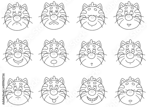 Set of funny striped cat emoticons with smiling, sad and many other faces of a toy character with different emotions, black and white outline vector cartoon illustrations