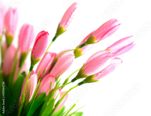 Artificial pink flowers on a white