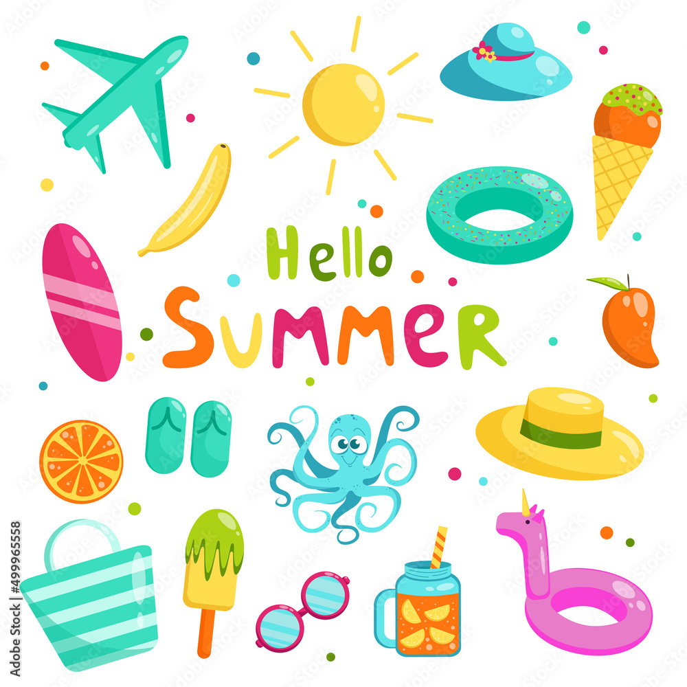 Vector flat set of summer elements. Collection of cute summer symbols. Airplane, sunglasses, ice cream, octopus, surf. Vector flat set of summer elements. Collection of cute summer symbols. Airplane, sunglasses, ice cream, octopus, surf.
