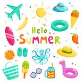 Vector flat set of summer elements. Collection of cute summer symbols. Airplane, sunglasses, ice cream, octopus, surf.