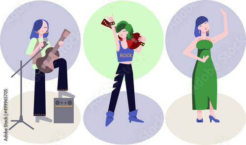 A set of vector images of singing girls.  A folk singer with a guitar, a rock singer on the shoulder of a T-shirt with the inscription "Rock", an opera singer in a green dress. Vector illustration