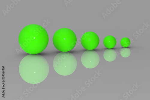Five glass balls of different sizes of Neon Green color on gray background. Growth of something. Progress. Horizontal image. 3D image. 3D rendering.