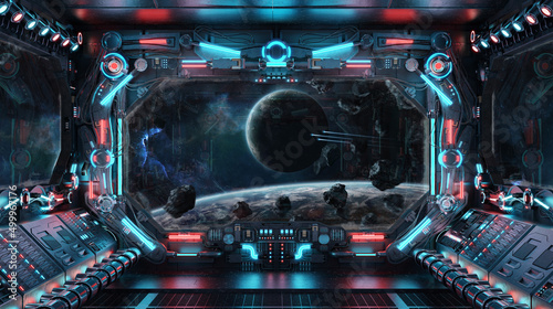 Fototapeta Naklejka Na Ścianę i Meble -  Dark spaceship interior with glowing blue and red lights. Futuristic spacecraft with large window view on planets in space. 3D rendering