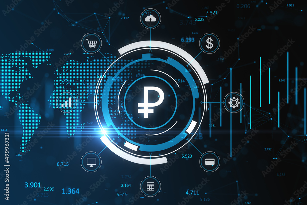 Creative glowing round ruble chart hologram on dark background with map. Currency, finance and online banking concept. Double exposure. Creative glowing round ruble chart hologram on dark background with map. Currency, finance and online banking concept. Double exposure.