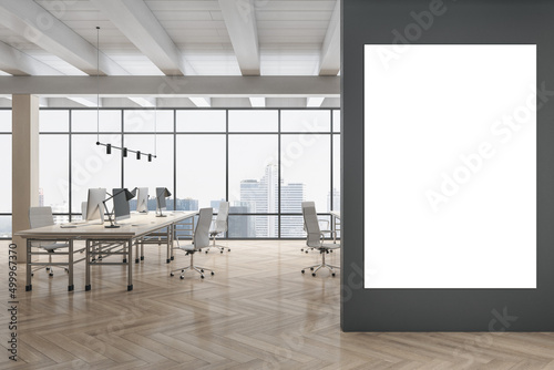 Modern coworking office interior with blank white mock up place, panoramic city view, wooden flooring and daylight. 3D Rendering.