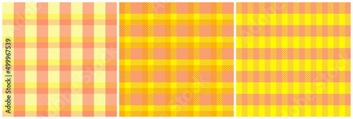 Set of checked plaid pattern in pink, yellow and orange colors. Seamless herringbone tartan vector for winter scarf, picnic blanket, duvet cover, other textile print. Eps 10
