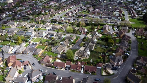 Top down aerial birds eye view of suburban town in Wiltshire, England photo