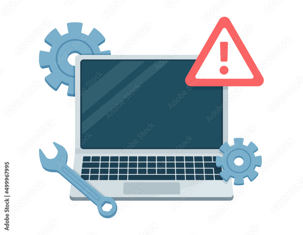 壊れたノートパソコンのイラスト. エラー警告. パソコンの故障や修理のベクターイメージ
