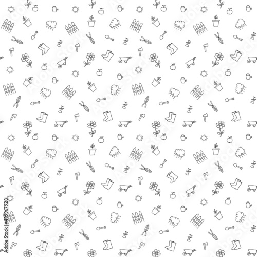 Seamless gardening pattern. Doodle vector with gardening icons. Vintage gardening icons on white background