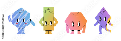 Set of different basic geometric shapes with cute smiling face. Cartoon characters for kids education. Hand drawn colorful vector illustration isolated on white background. Modern trendy flat style.