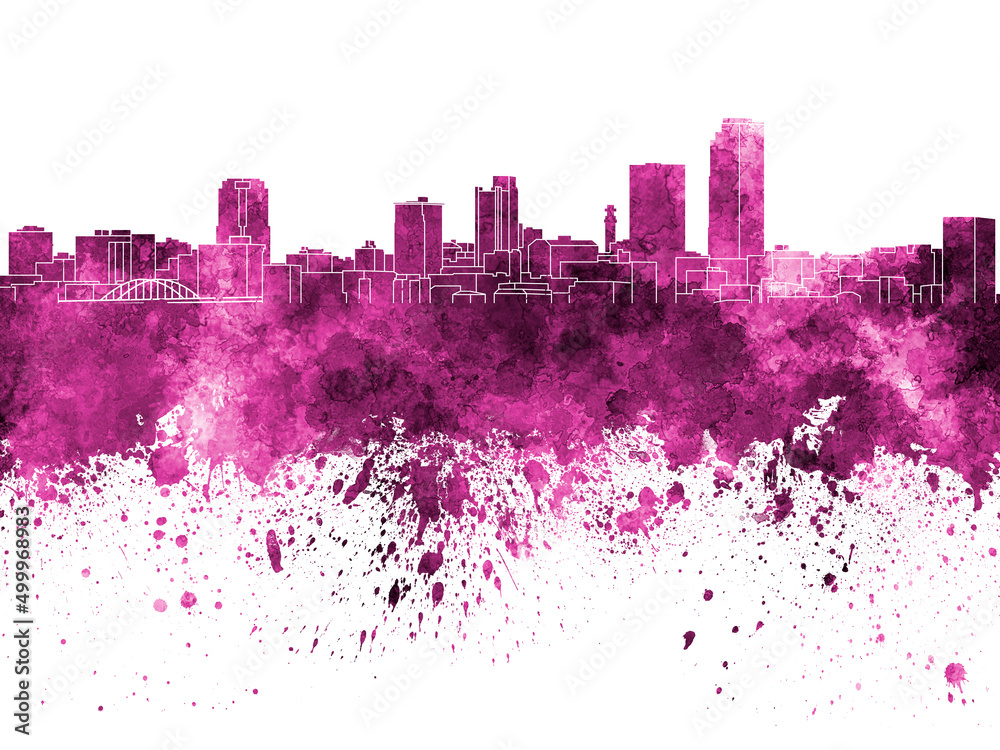 Little Rock skyline in pink watercolor on white background
