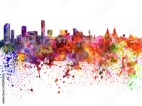 Liverpool skyline in watercolor on white background