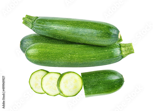 fresh green zucchini with slice isolated on white background.