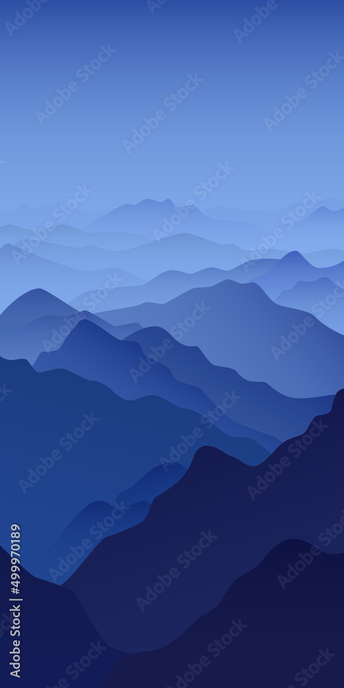 Blue mountains in the fog. Vector illustration of the outline of the blue mountains in the morning mist. Background for creativity.