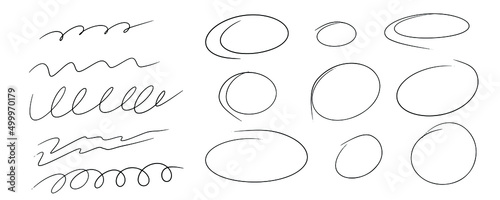 Hand drawn highlight marker frame and underline. Doodle highlight ovals. Marker sketch. Highlighting text and important objects. Round scribble frames. Stock vector illustration on white background.