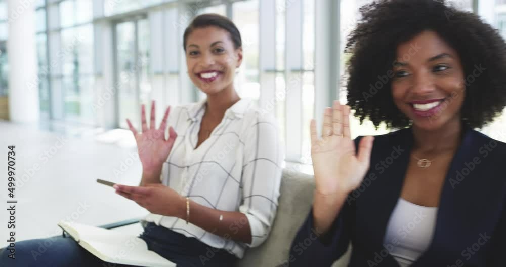 Youll find motivation online. Diverse group of business people showing thumbs up and waving, waiting in line at a conference. Portrait of a queue of businesspeople looking at the camera and greeting 