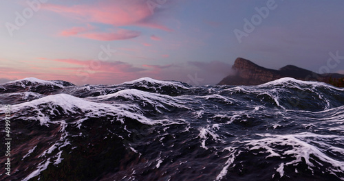 beautiful seascape with large waves with foam mountain sunset background. 3d render