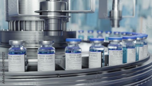 3d rendering pack bottle  SARS-COV-2 COVID-19 Coronavirus Vaccine Mass Production in Laboratory, Machine Puts Bottle Caps on Ampoules Moving on Pharmaceutical Conveyor Belt in Research Lab. Cyclic