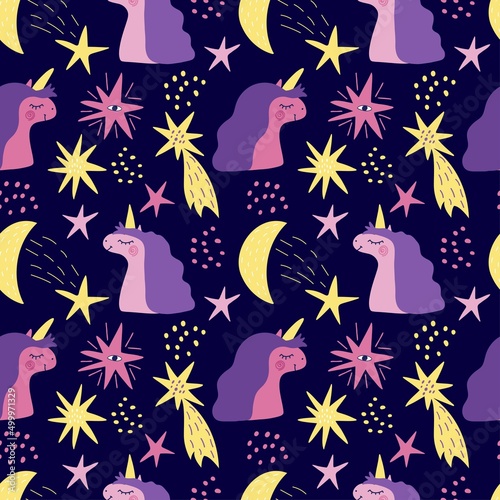 Seamless pattern with cute pink and lilac unicorns, stars,  on a black background. Vector graphics for prints on childrens clothes, t-shirts, pillows, wallpapers, packaging, packages.