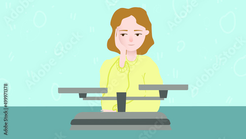 Illustration with thinking girl and table scales. Decision-making. Reflections. Weighing, make a choice.