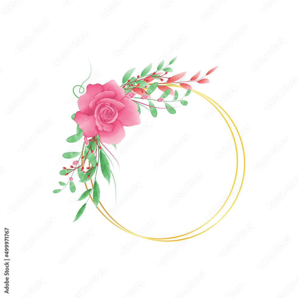 Watercolor floral frame with golden circular geometric border