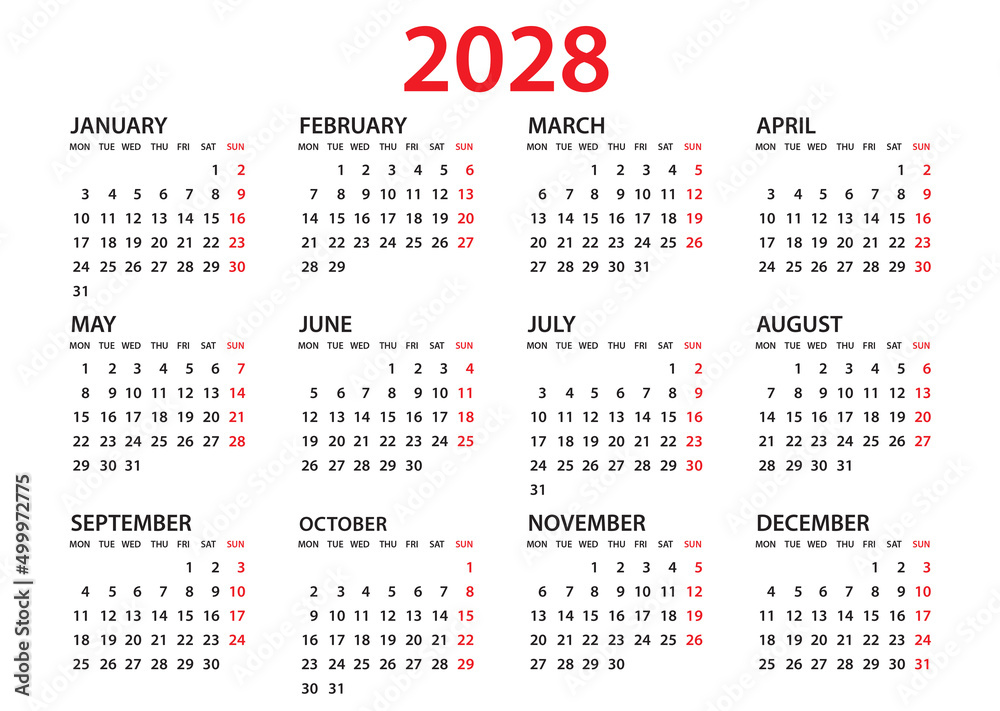 Calendar 2028 template, Planner 2028 year, Wall calendar 2028 template, Week Starts Monday, Set of 12 calendar, advertisement, printing, organization and business, stationery, simple minimal.
