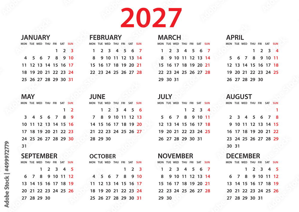 Calendar 2027 template, Planner 2027 year, Wall calendar 2027 template, Week Starts Monday, Set of 12 calendar, advertisement, printing, organization and business, stationery, simple minimal. - obrazy, fototapety, plakaty 