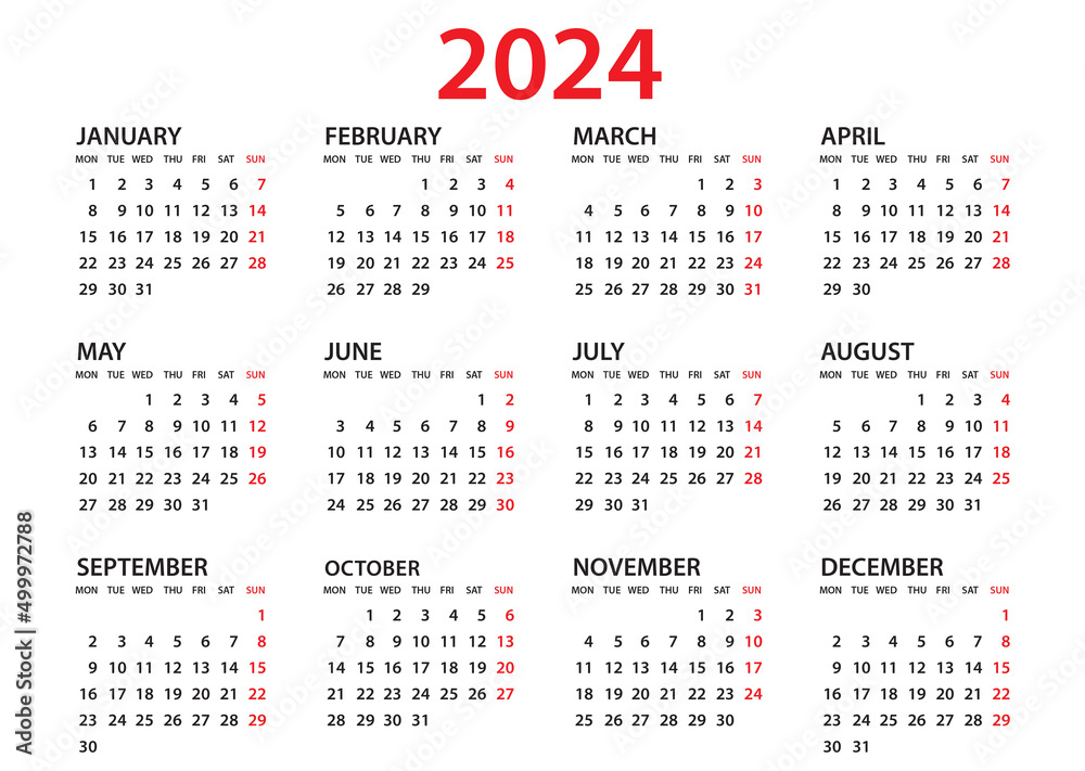 2024 Yearly Calendar Templates with Monday Start