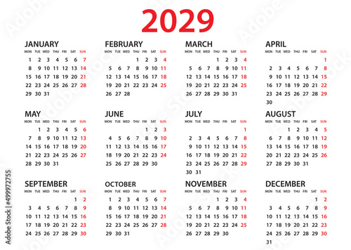 Calendar 2029 template, Planner 2029 year, Wall calendar 2029 template, Week Starts Monday, Set of 12 calendar, advertisement, printing, organization and business, stationery, simple minimal.