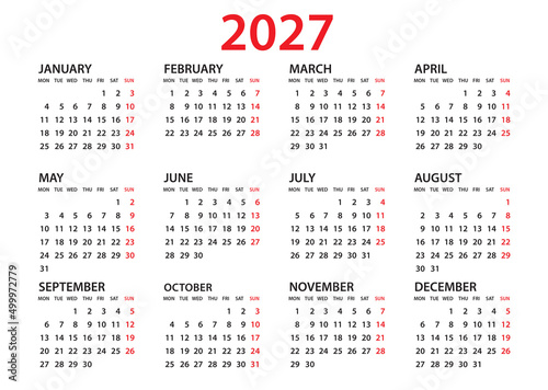 Calendar 2027 template, Planner 2027 year, Wall calendar 2027 template, Week Starts Monday, Set of 12 calendar, advertisement, printing, organization and business, stationery, simple minimal.