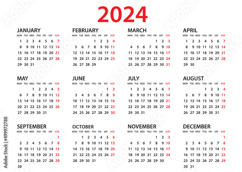 Calendar 2024 template, Planner 2024 year, Wall calendar 2024 template, Week Starts Monday, Set of 12 calendar, advertisement, printing, organization and business, stationery, simple minimal.